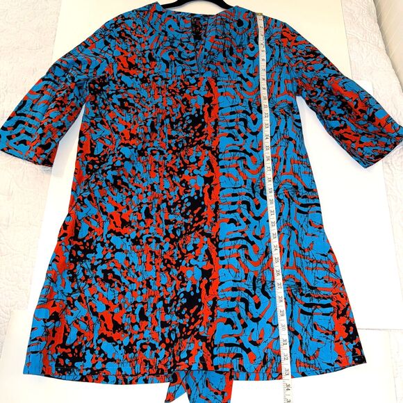 The OULA Company Tie Front Split Neck Dress Blue Orange Print Bell Sleeves S EUC - Picture 9 of 12